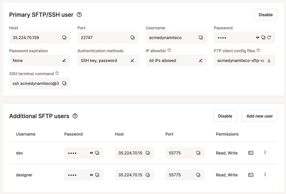 A screenshot showing the Site Information page where SFTP and SSH credentials are displayed.