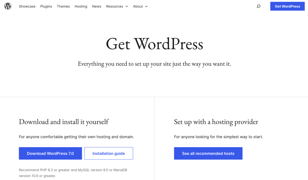Screenshot of the official WordPress websote page where the most-recent version is available for download.