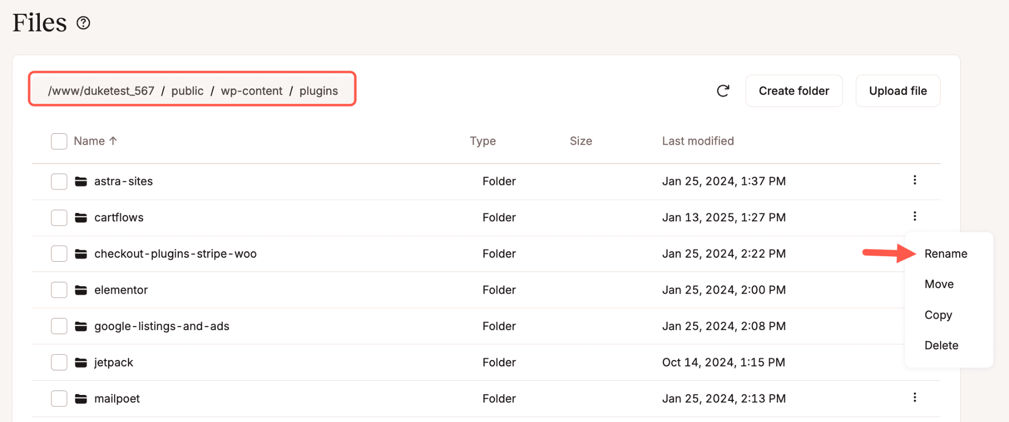 Rename plugin folder in MyKinsta file manager.