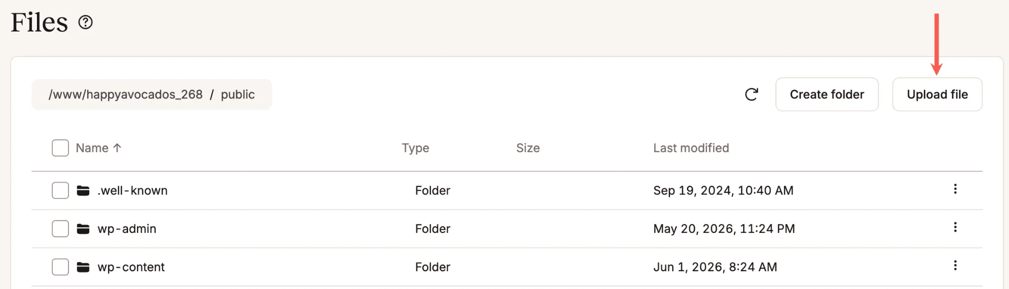 Upload files in MyKinsta file manager.