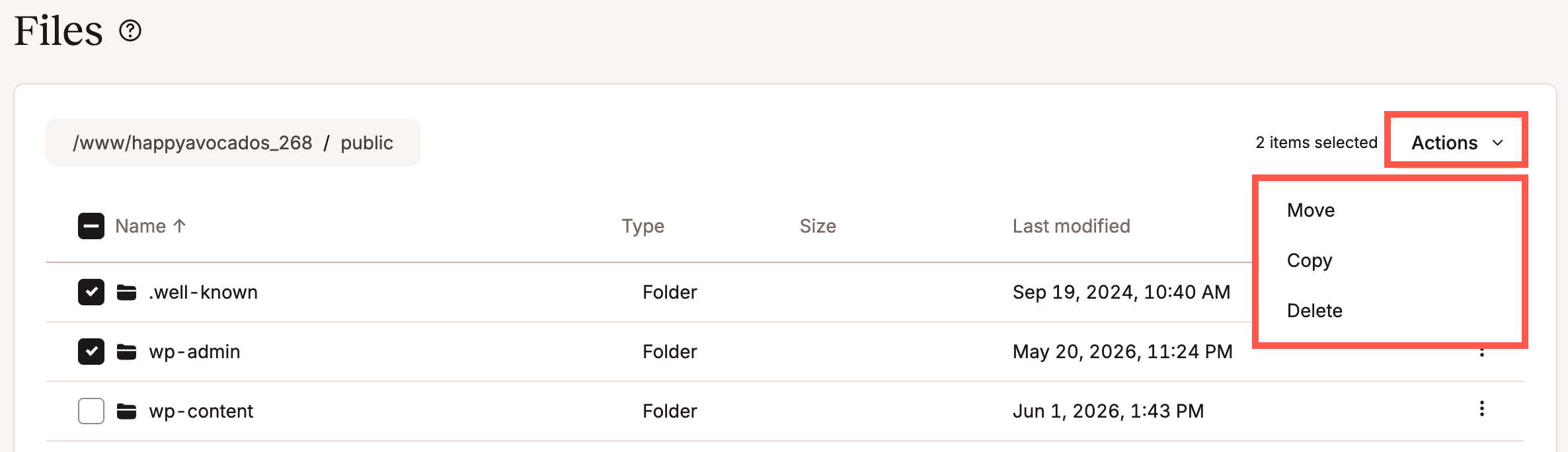 A screenshot showing the options available in the kebab menu when executing bulk actions.