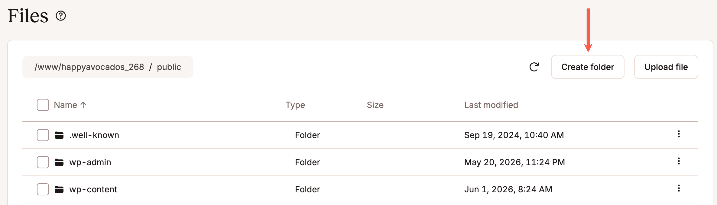 A screenshot showing the MyKinsta file manager interface with the Create folder button hilighted.