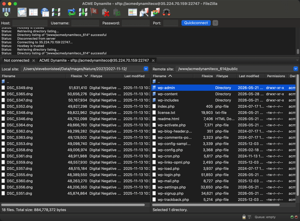 A screenshot showing the FileZilla user interface when viewing both local and remote files.