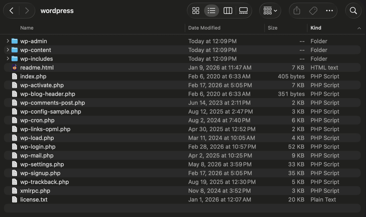 A screenshot of a local folder containing the files of a WordPress installation.