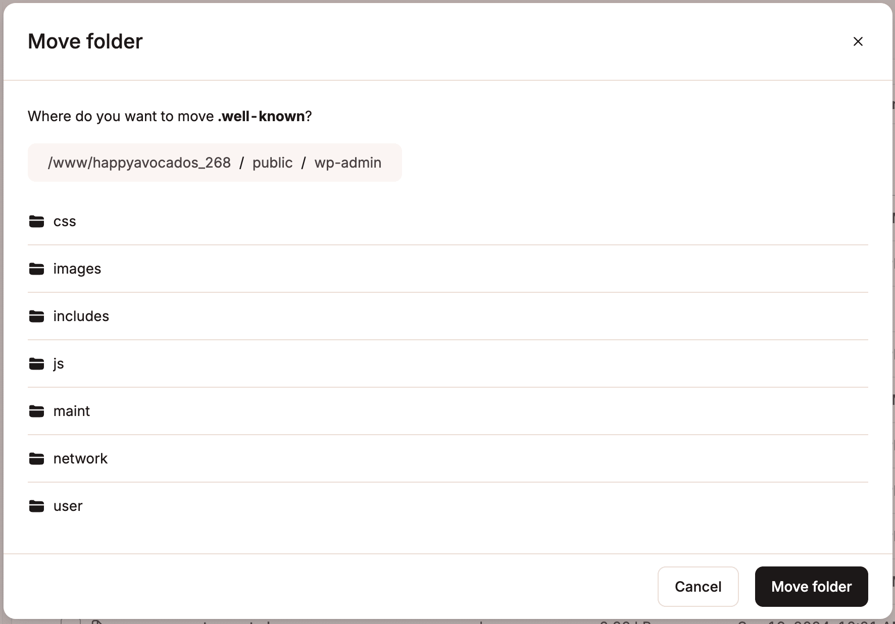A screenshot showing the dialog for moving a file in the MyKinsta file manager.