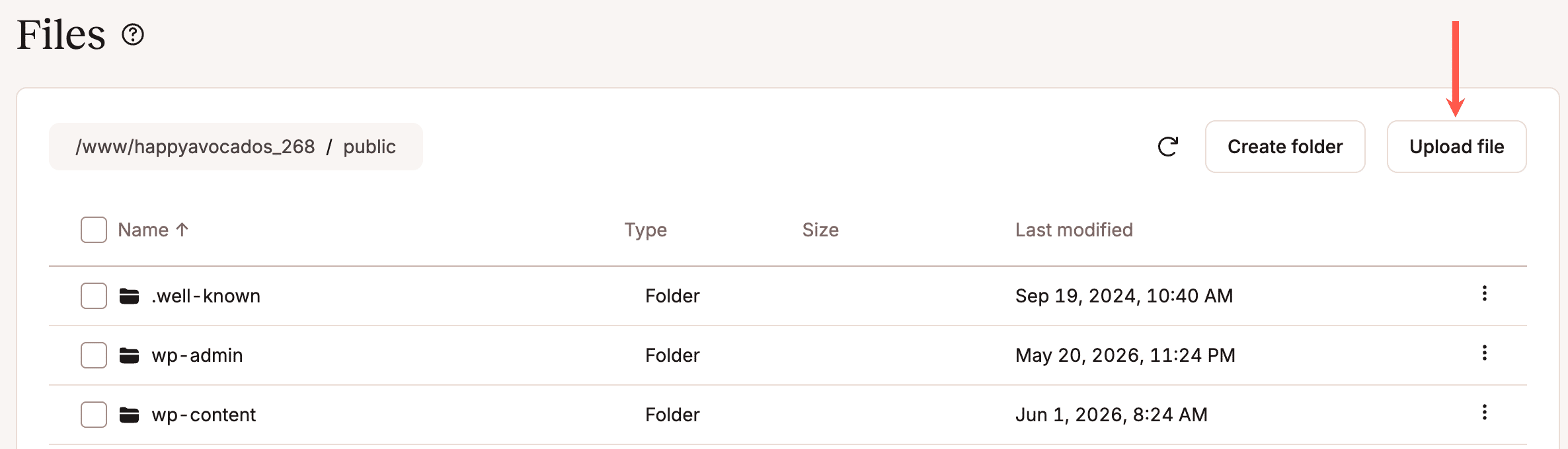 A screenshot with the Upload file button highlighted in the MyKinsta file manager.