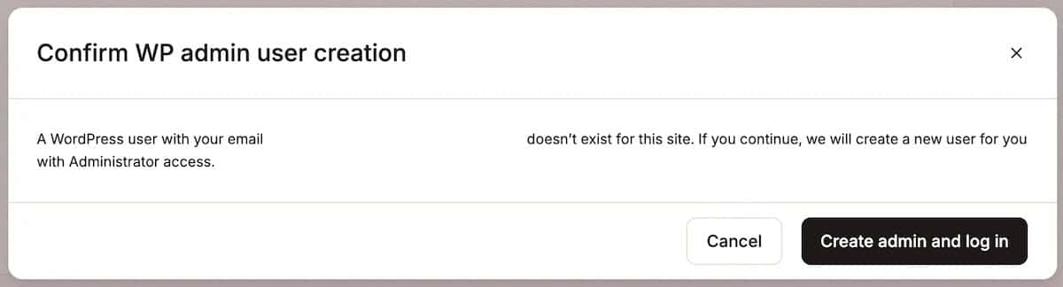 The confirmation dialog screen showing that a user will have a new WordPress admin account created for them.