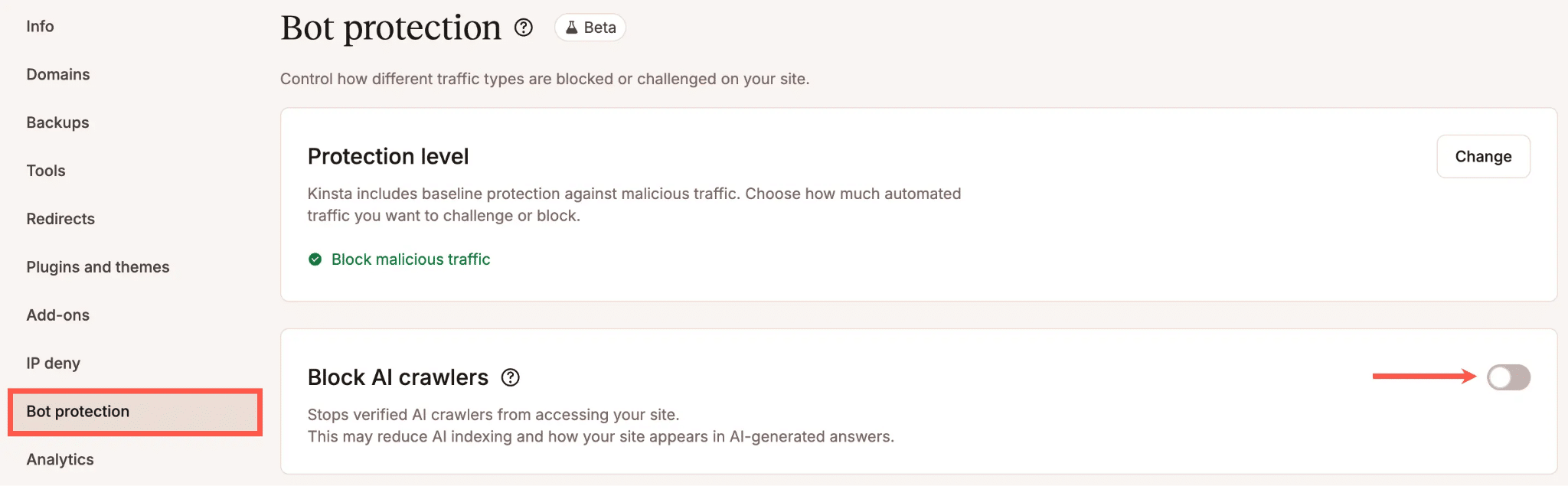 Kinsta bot protection block AI crawlers
