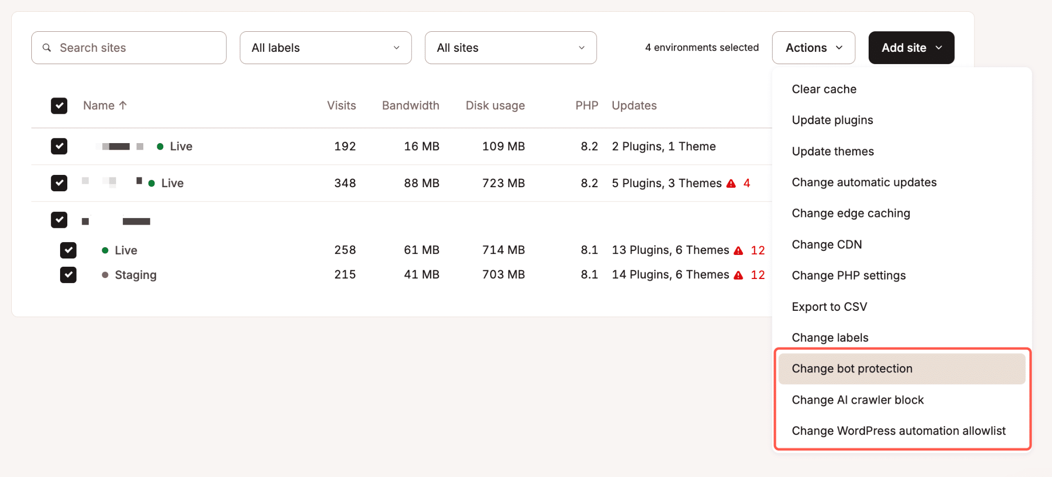 Bulk adjust bot protection settings in Mykinsta