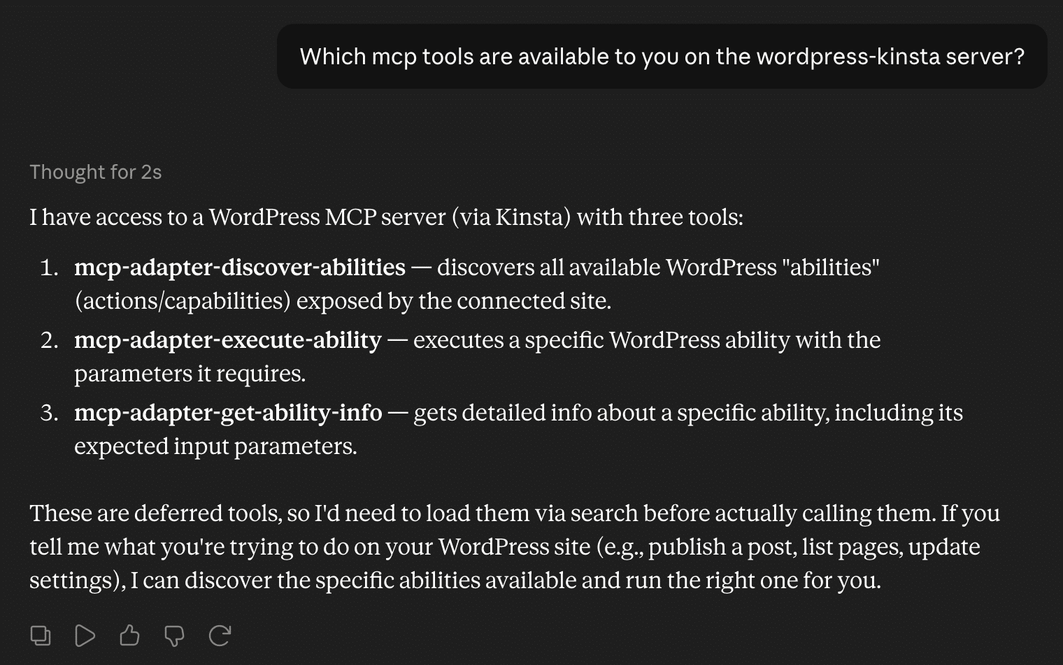 Lista degli strumenti disponibili sul server MCP