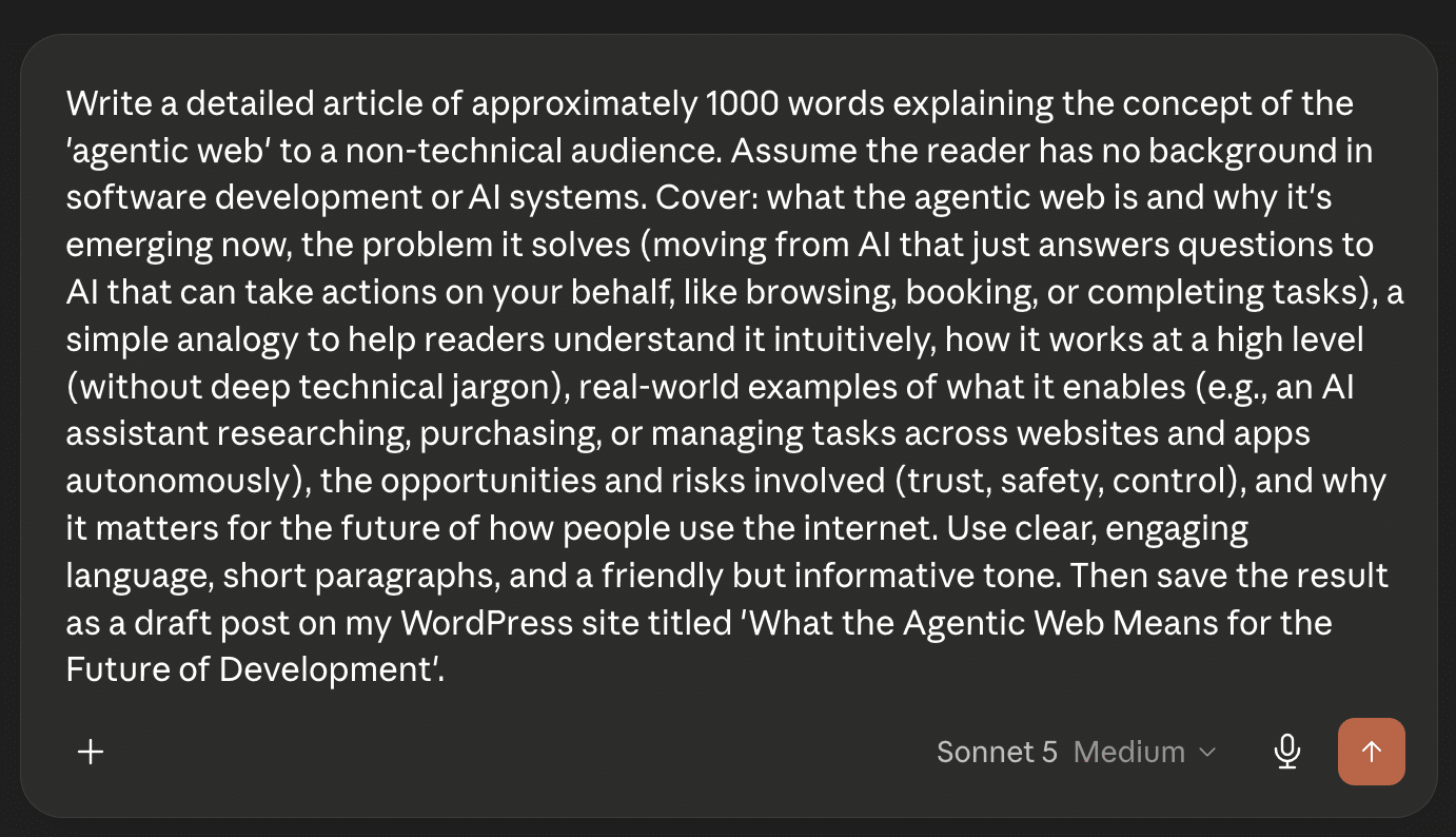 Un esempio di prompt che richiede la generazione di una bozza su un sito WordPress