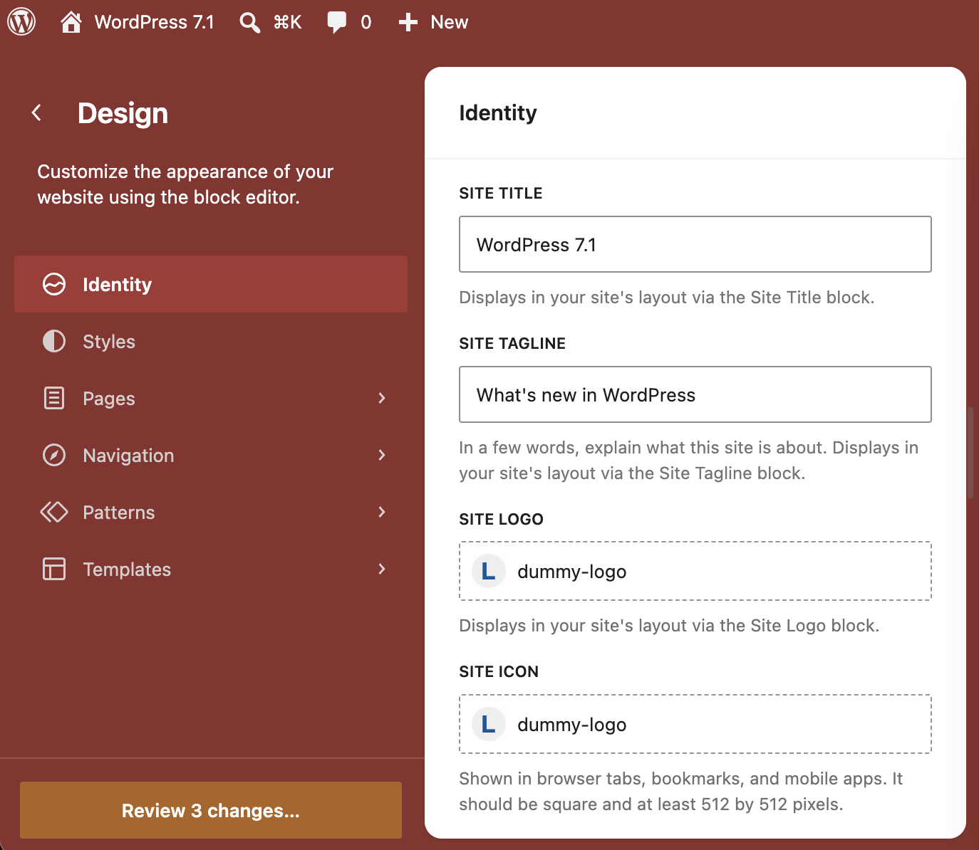 Identity settings in Global Styles