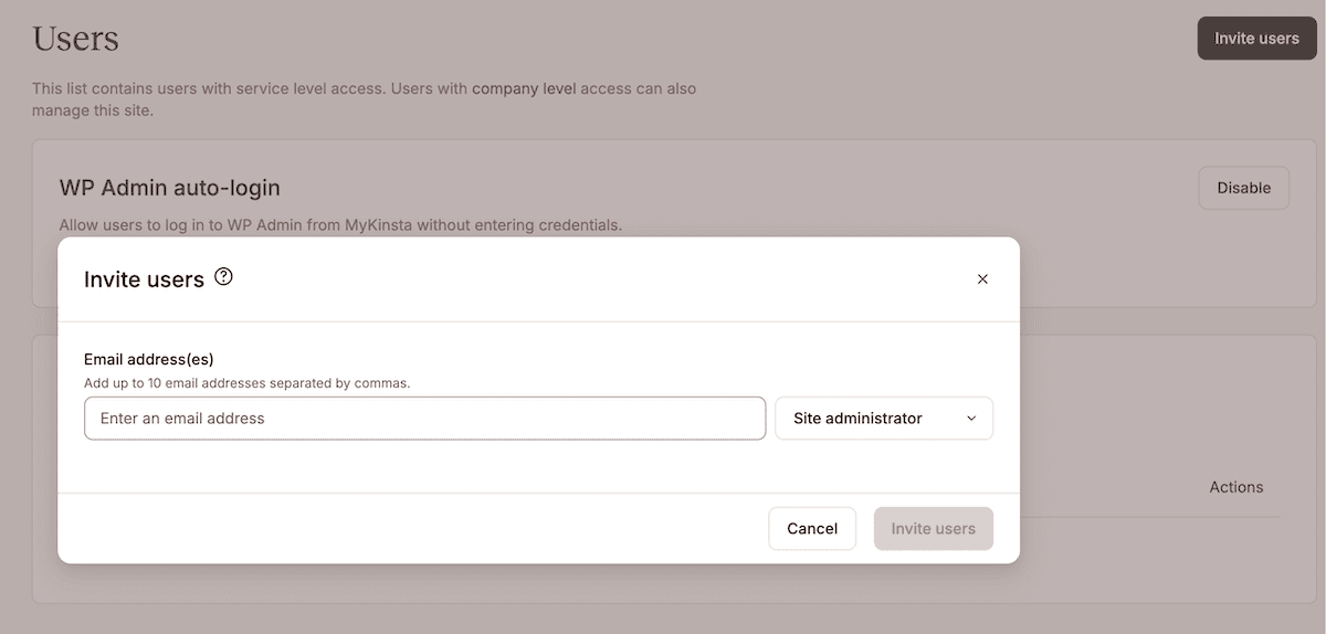 The Invite Users dialog screen showing fields for the user role and email address.