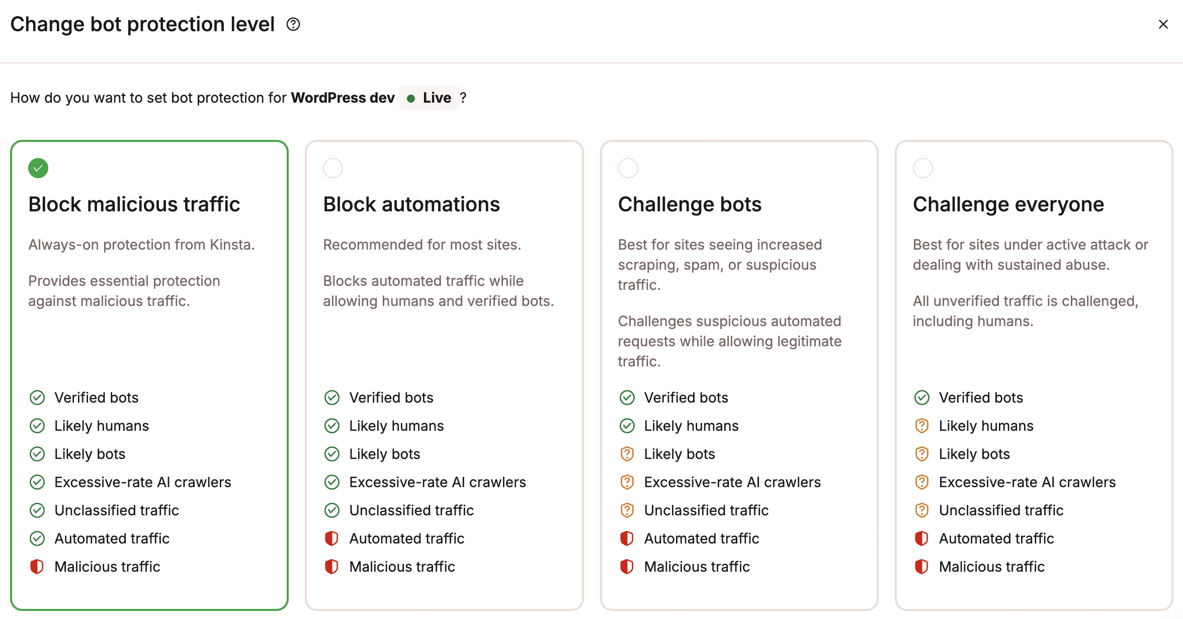 Change bot protection level in MyKinsta.
