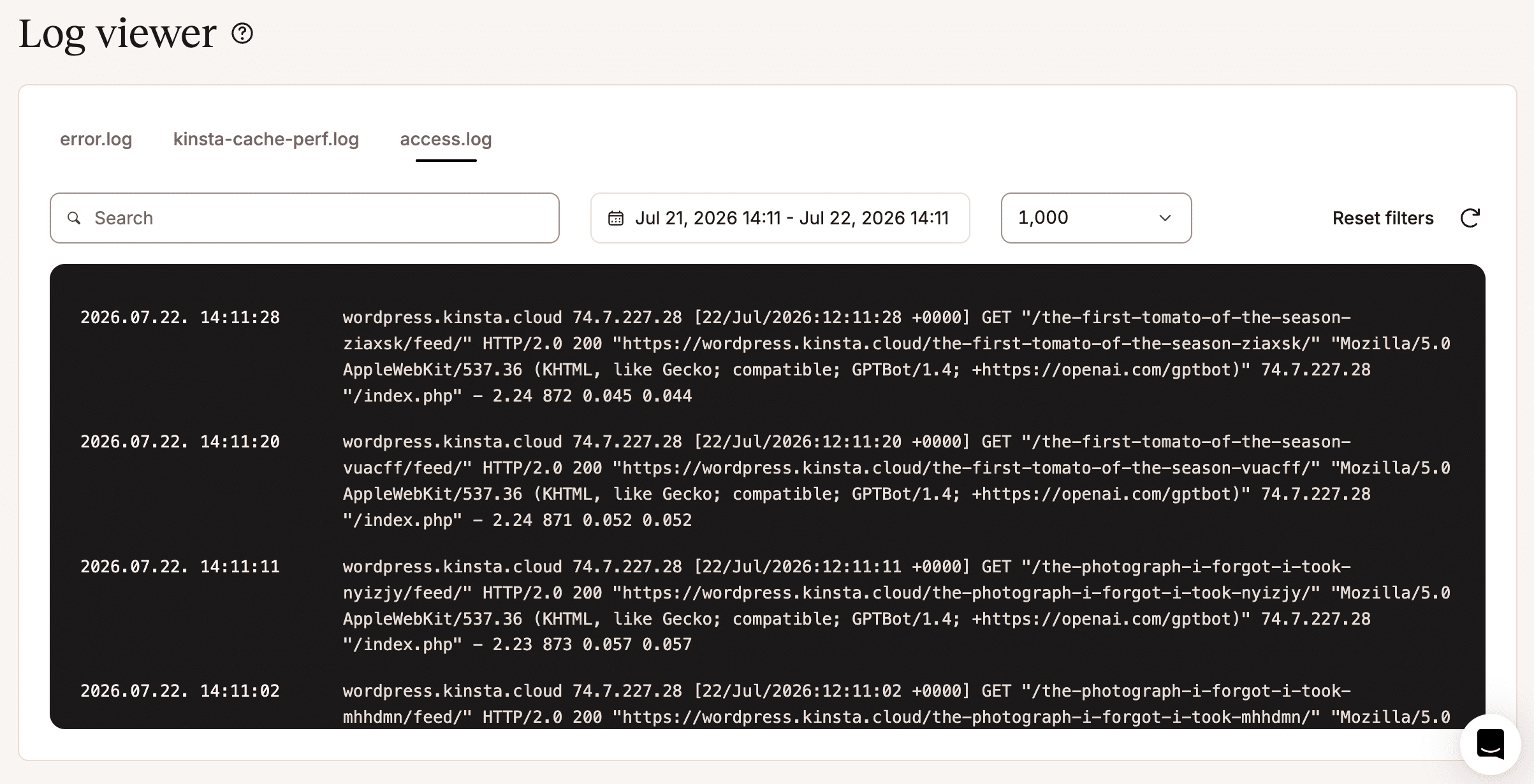 MyKinsta Log viewer