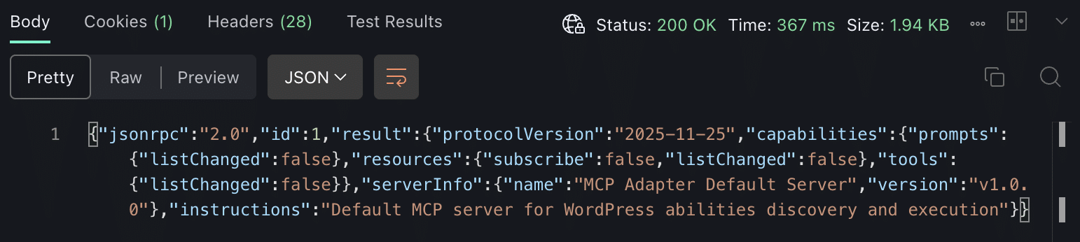 Il corpo della risposta del server MCP in Postman