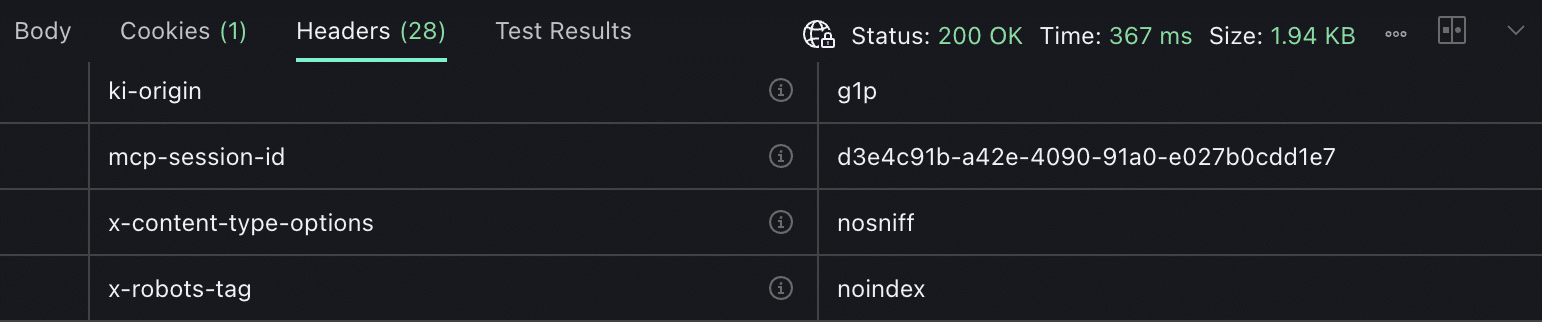 Le intestazioni della risposta del server MCP in Postman