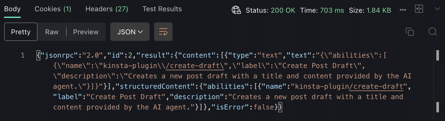 Il corpo della risposta del server MCP in Postman