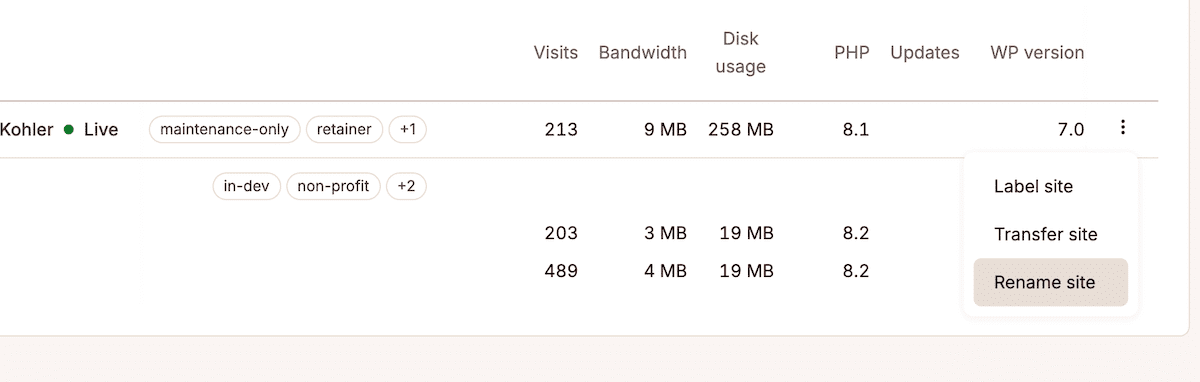 The MyKinsta WordPress Sites list with the kebab menu open on one row and Rename site highlighted.