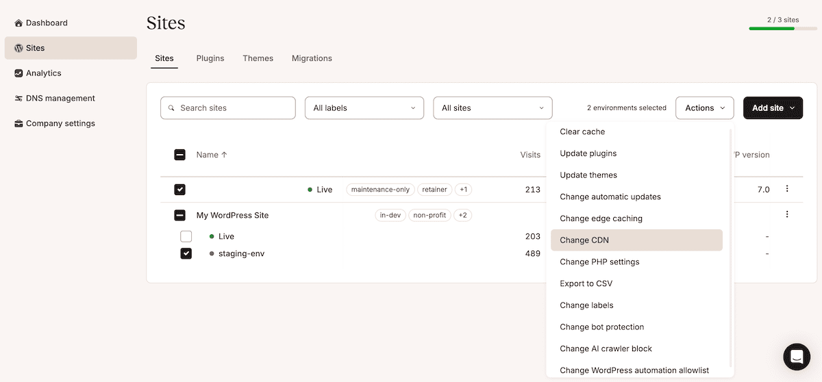 The bulk actions drop-down menu for a selection of sites showing the different actions that can be taken by the user.