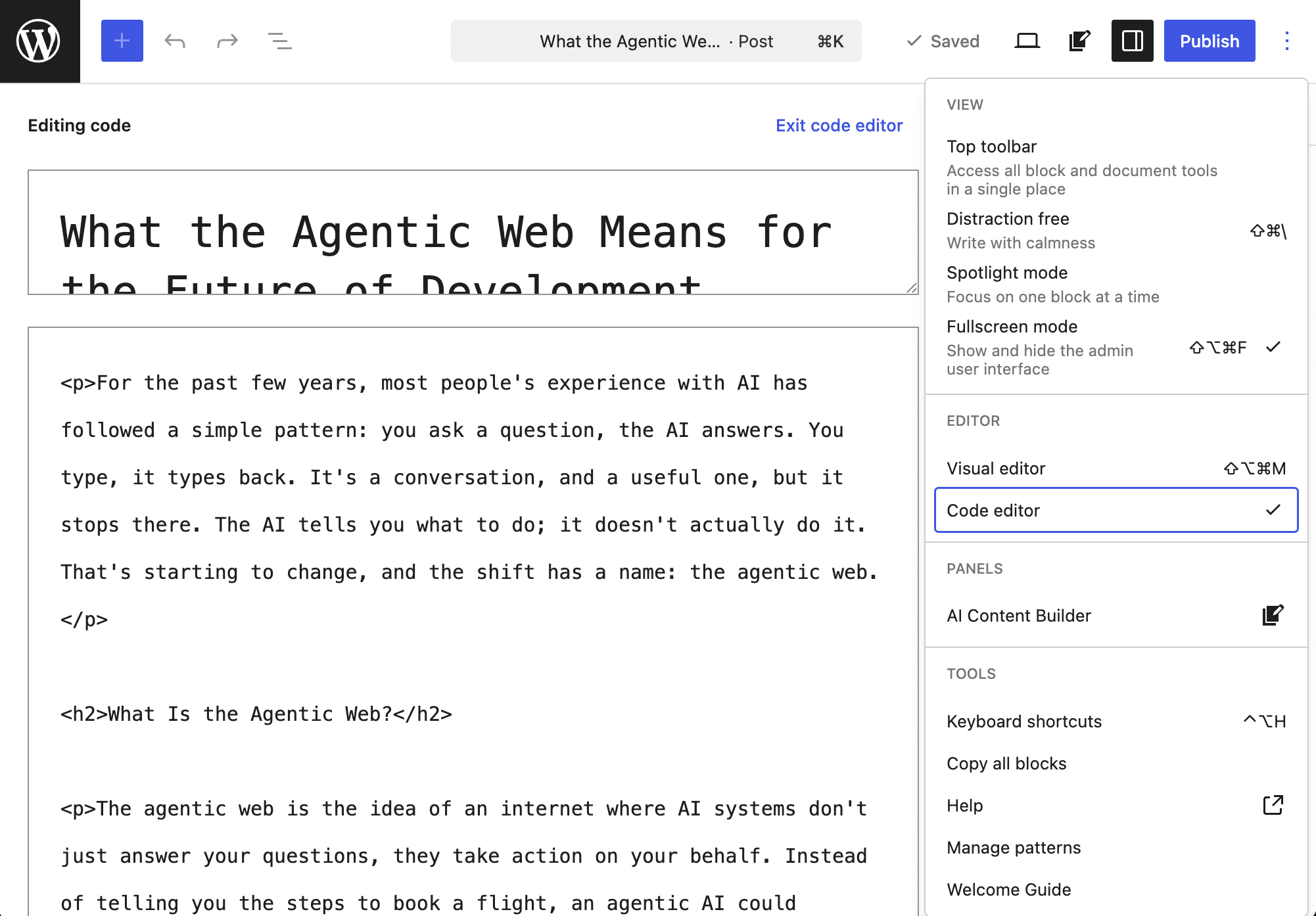 La bozza di un post di WordPress nell'editor di codice