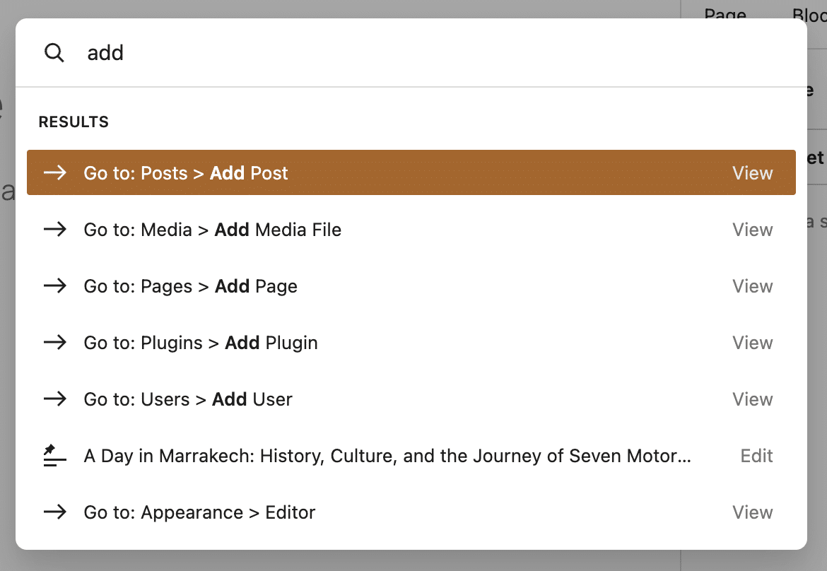 The new command palette modal in WordPress 7.1