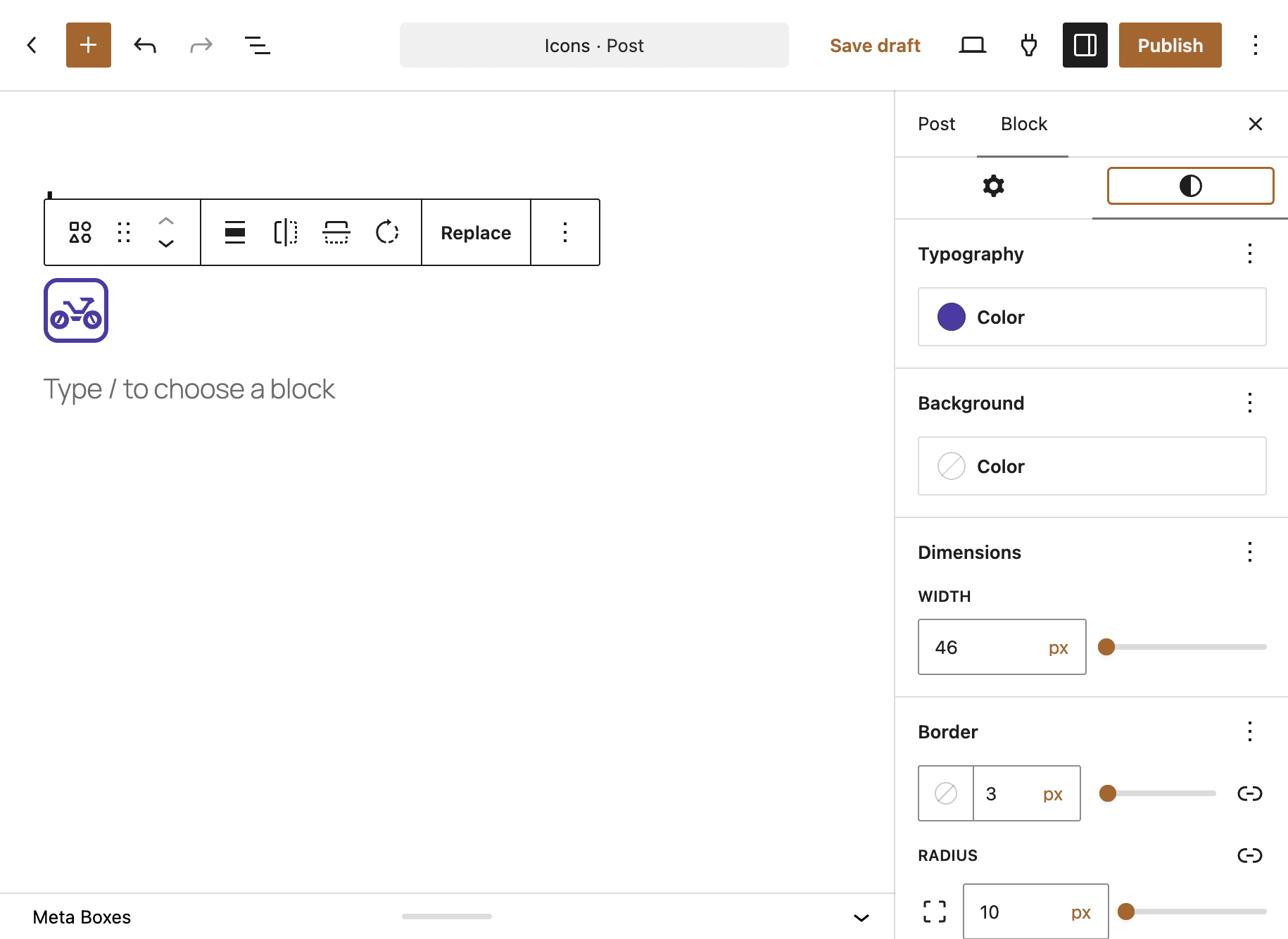 Icon block settings in WordPress 7.1