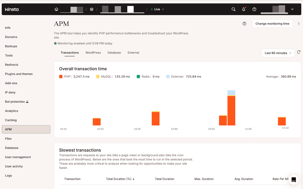 The APM section in MyKinsta showing the Enable APM button and a selector for the monitoring window duration.