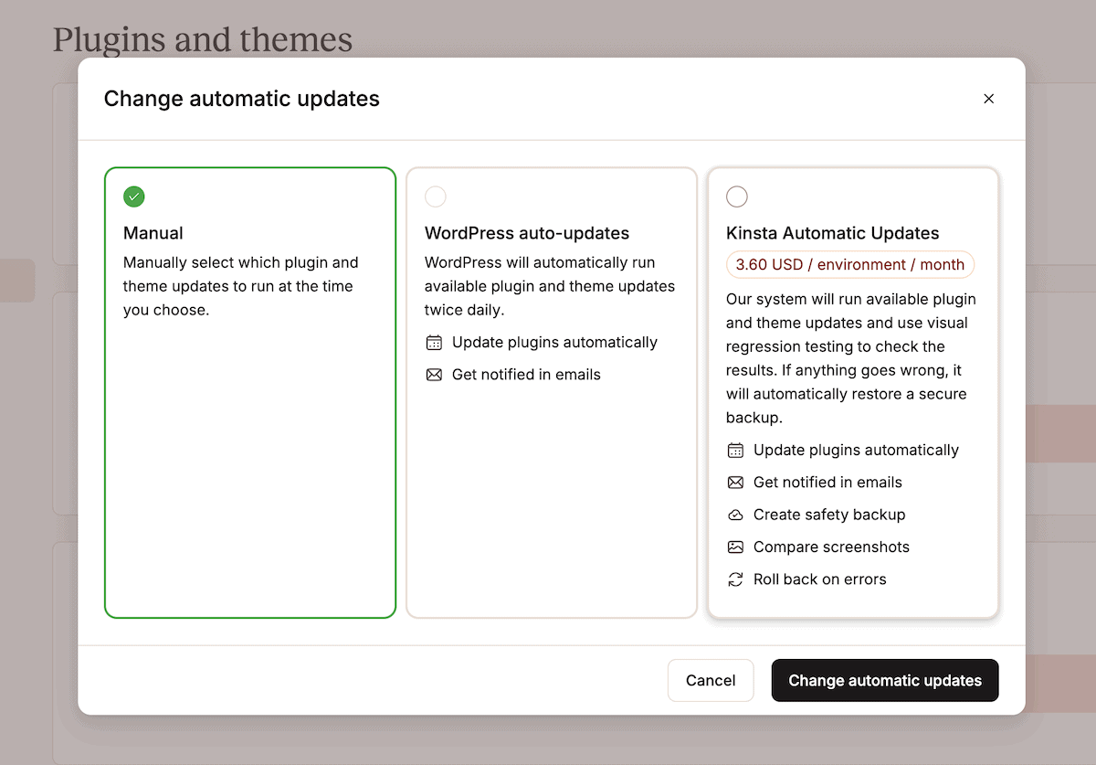 The Kinsta Automatic Updates settings panel showing the options to auto-update, carry out manual updates, or opt for Kinsta's Automatic Updates.