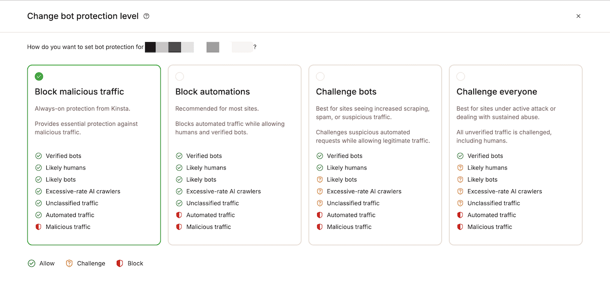 The MyKinsta Bot Protection screen showing the four protection levels available to a site.