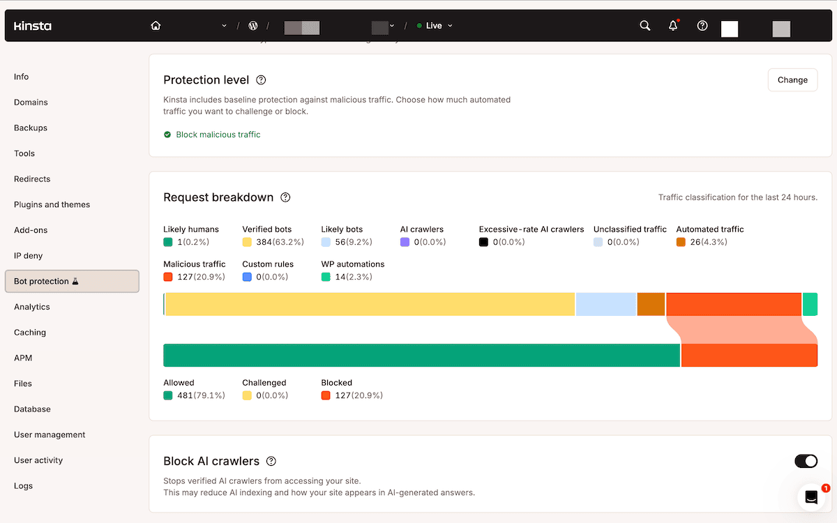 The Bot protection level panel in MyKinsta showing selectable protection settings alongside the Cloudflare-backed firewall status.