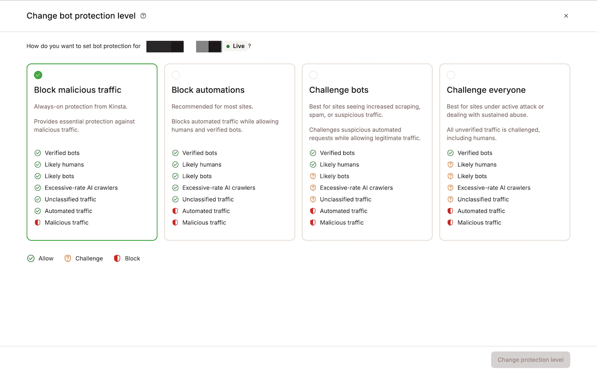 The Bot Protection level panel in MyKinsta showing the four preset protection levels and a breakdown of functionalities.