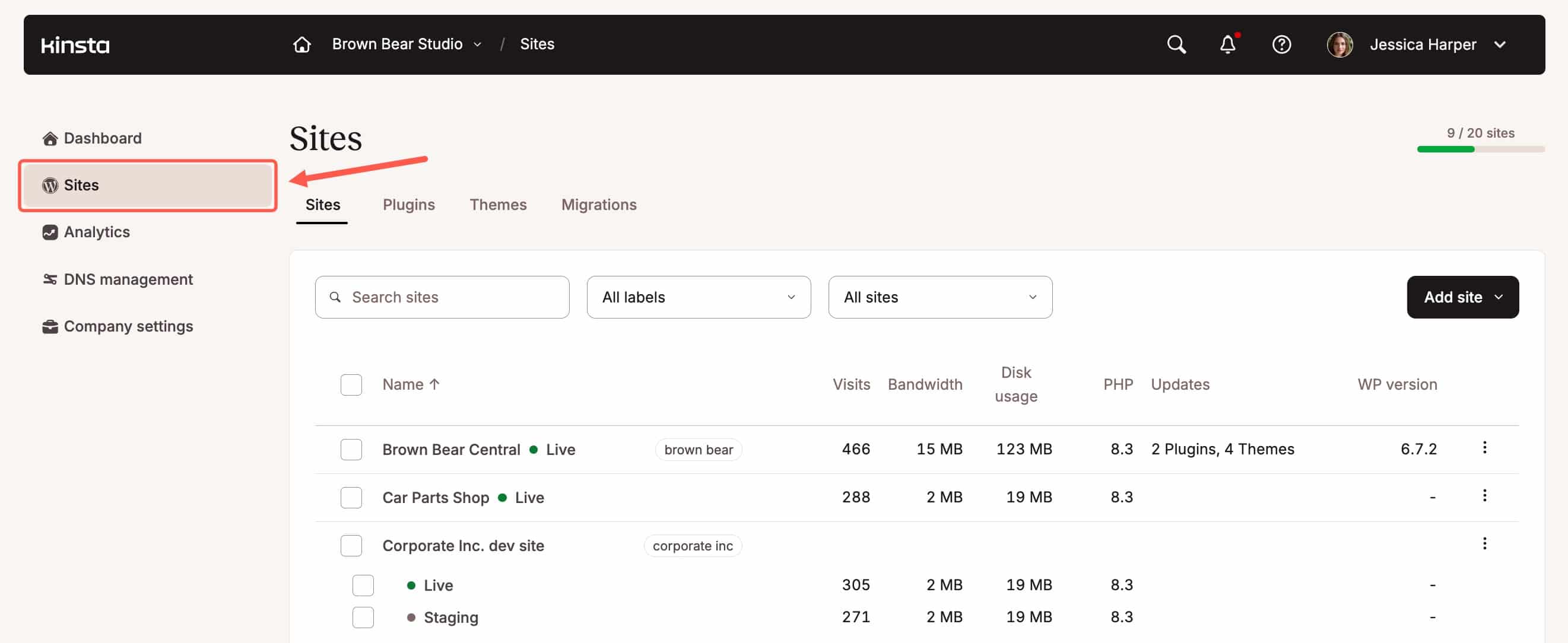 The Sites page in MyKinsta.