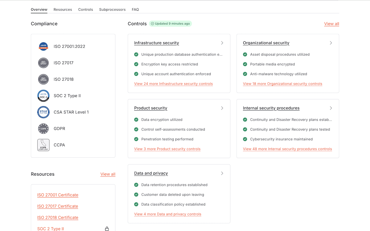 The Kinsta Trust Center page showing badges and seals relating to security certifications.