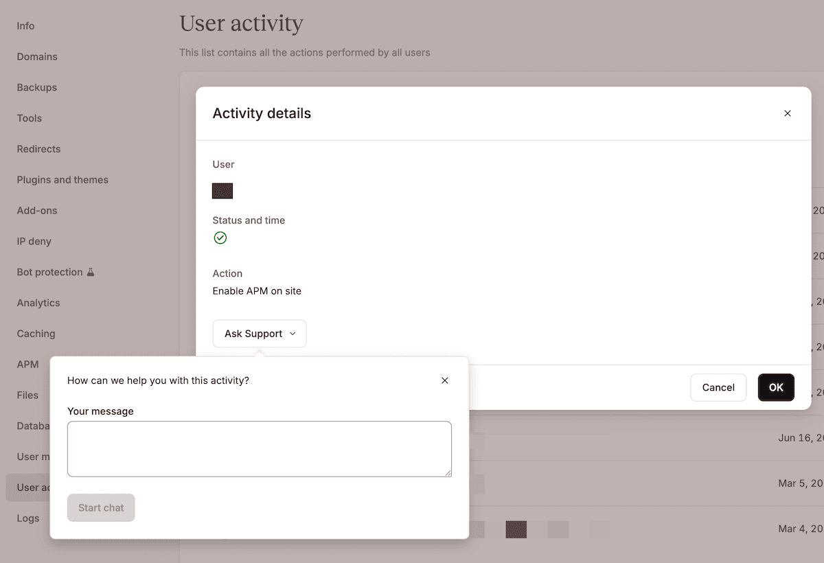 An individual User activity entry expanded in MyKinsta, showing the details alongside the option to contact support about it.