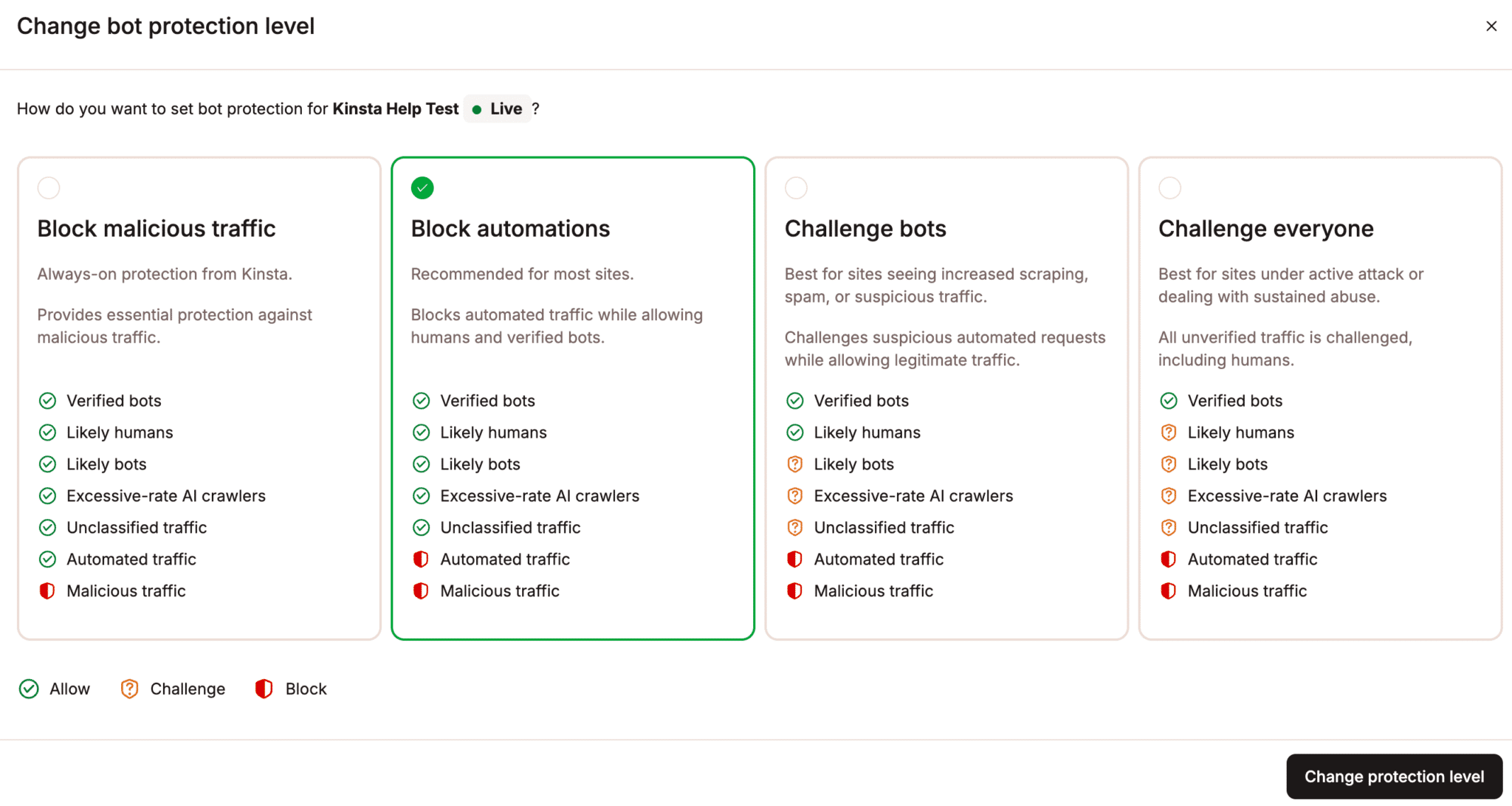 Kinsta bot protection levels