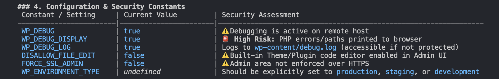 Antigravity CLI shows a detailed table of security constants.