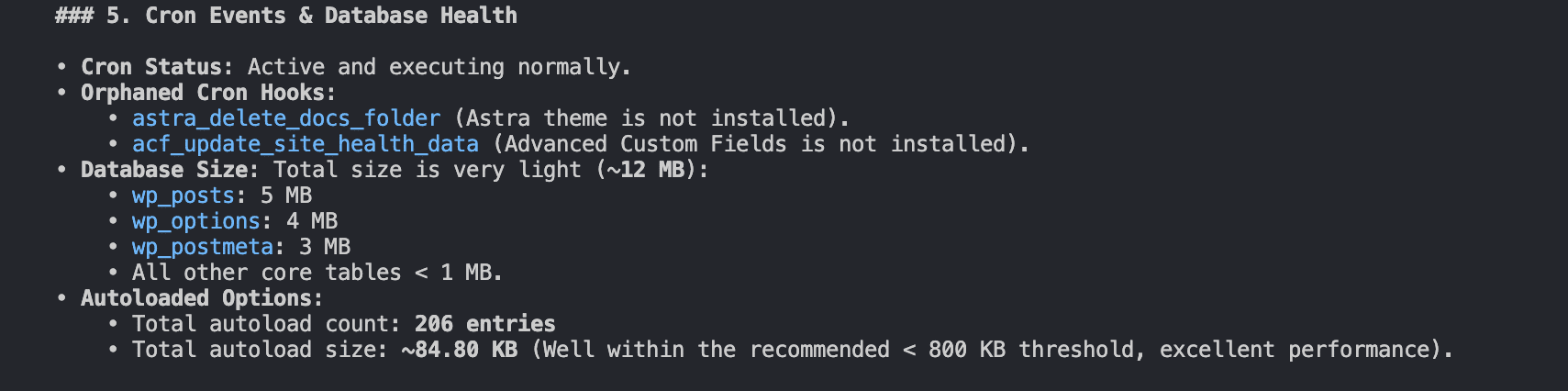 Antigravity CLI provides a quick report of cron events and database health.