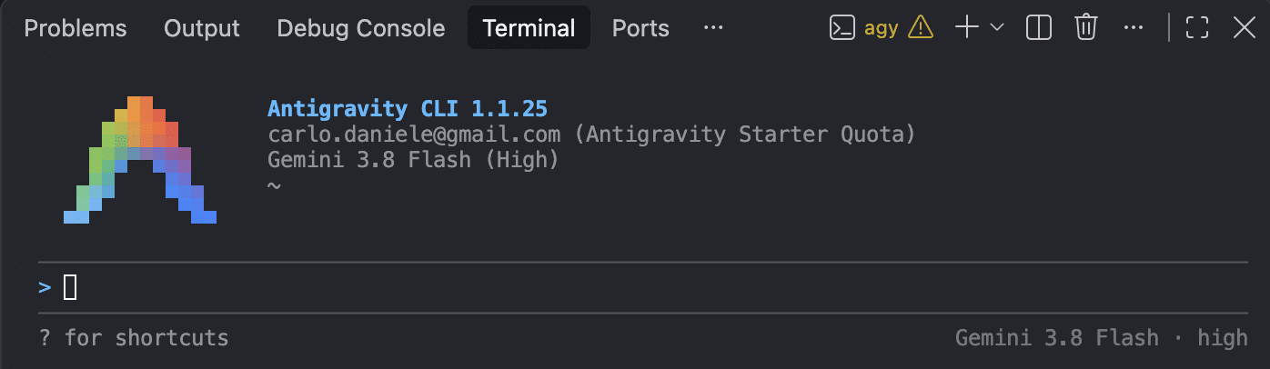 The Antigravity CLI agent in the terminal shell.