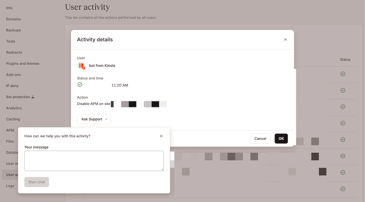 The User activity screen showing one action with the Ask Support dialog box open, ready to query the contents.
