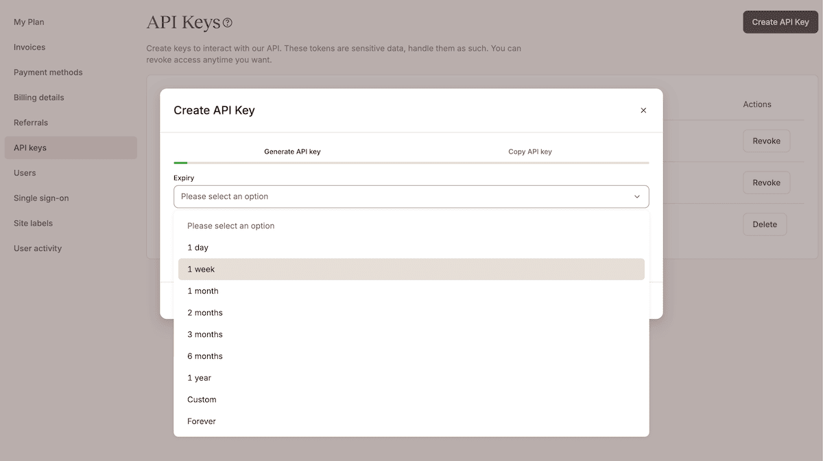 The API Keys screen within MyKinsta showing a drop-down menu for setting an expiry time for an individual API key.