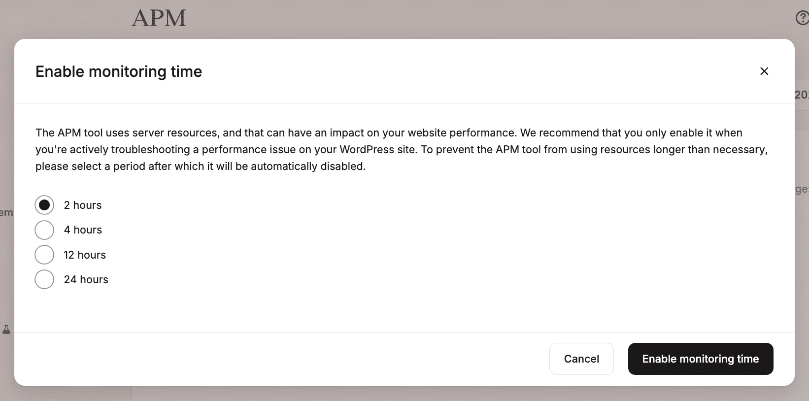 Enable Kinsta APM monitoring time.