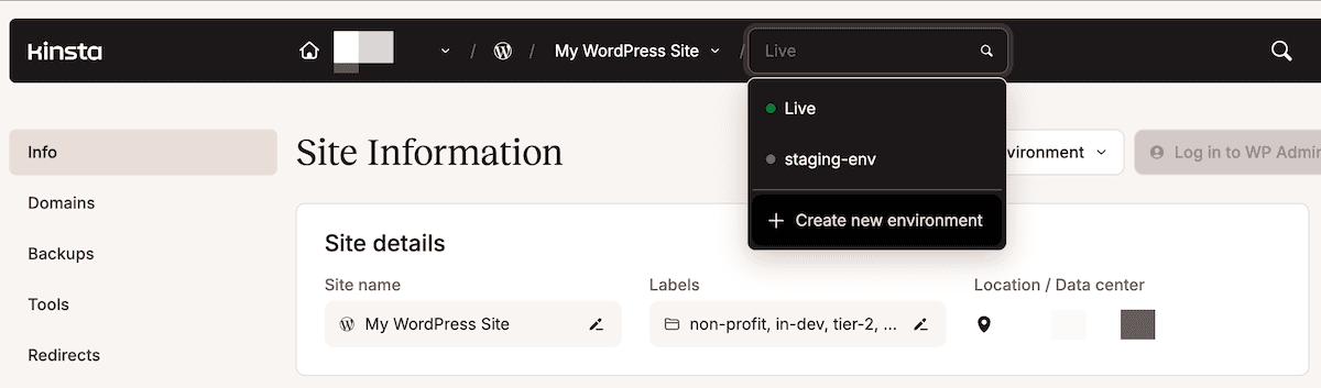 The MyKinsta dashboard for a single site showing a drop-down menu to either select an existing environment or create a new one.