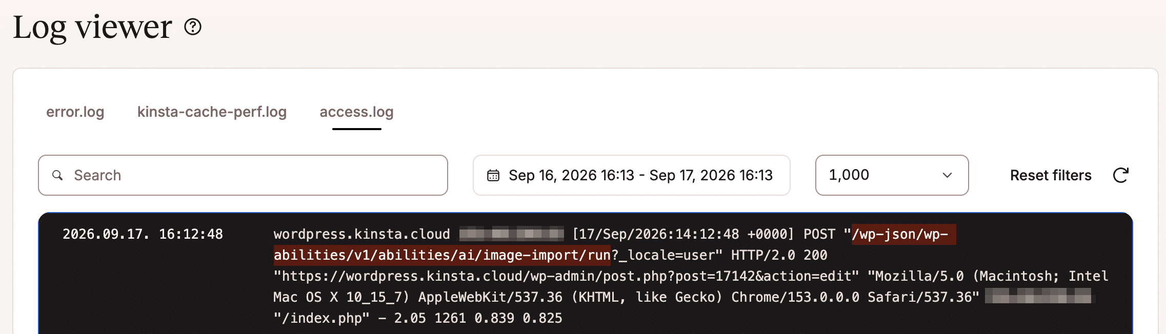 The image import log in MyKinsta.