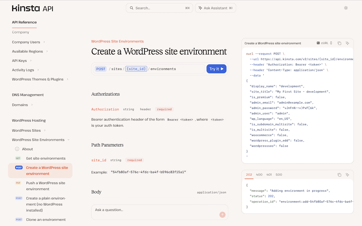 The Kinsta API documentation showing an explanation of an endpoint and code examples for different programming languages.