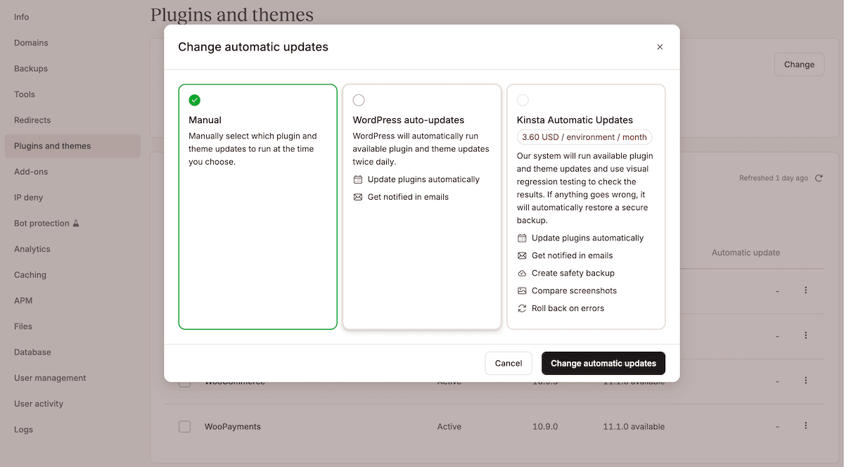 The Change Automatic Updates settings screen within MyKinsta showing three options, including Kinsta's premium solution.