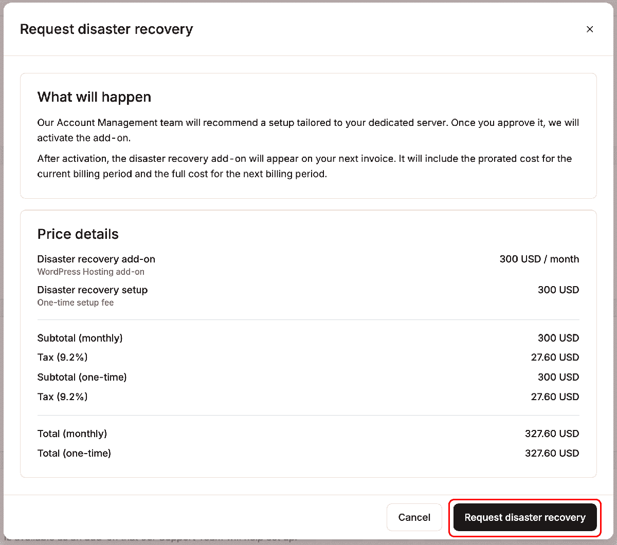 A screenshot showing the confirmation dialog for Disaster Recovery.