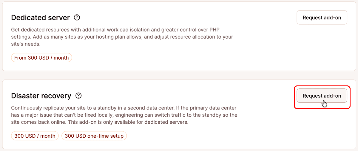 A screenshot showing the Disaster Recovery card among the add-ons in MyKinsta.