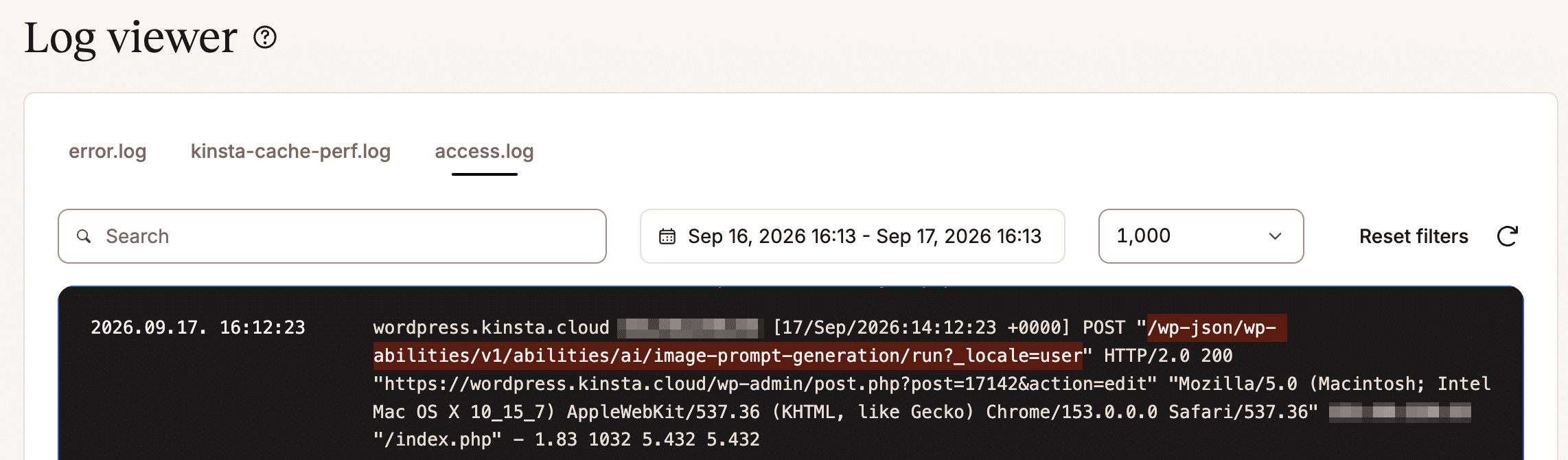 The prompt generation log in MyKinsta.