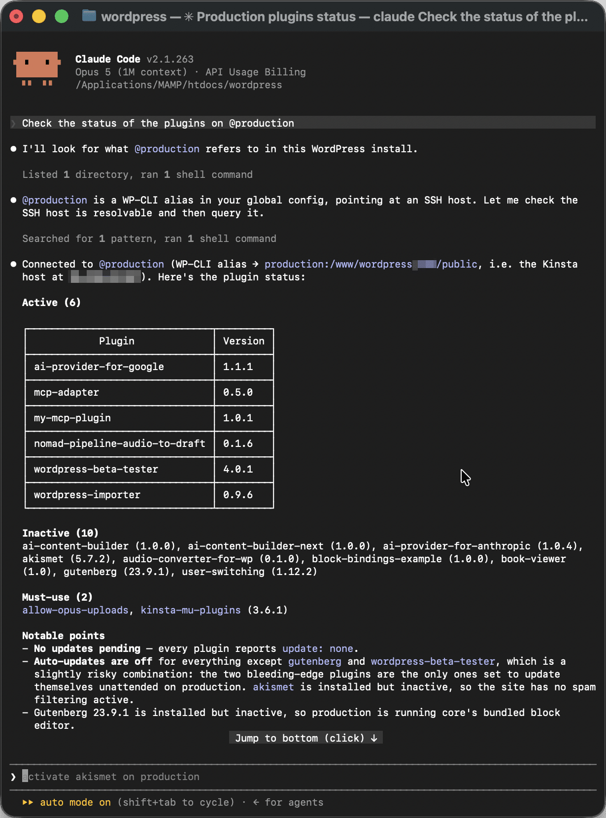 Prompting Claude Code using a WP-CLI alias.